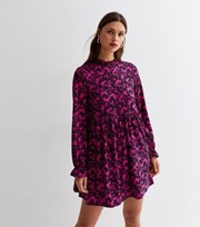 New Look Pink Floral High Neck Long Sleeve Smock Mini Dress